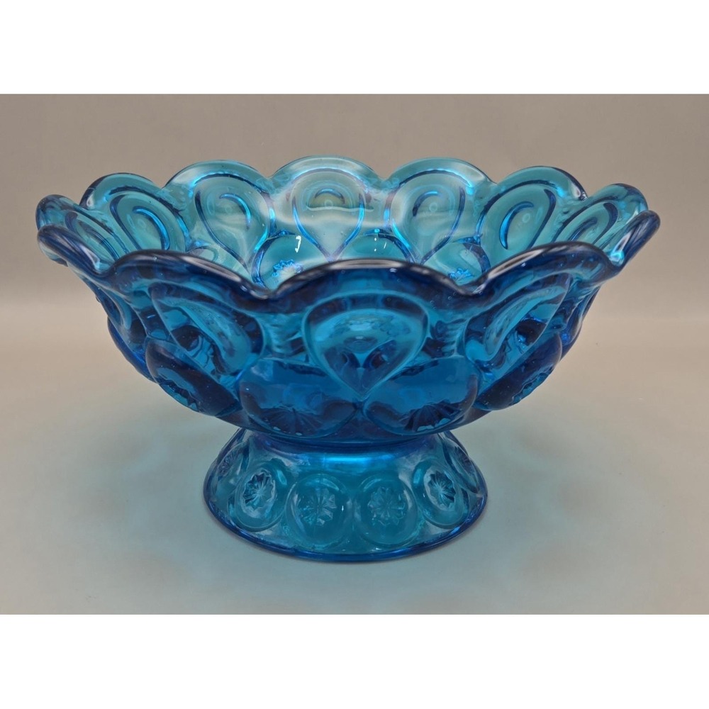 Vintage Bowl Turquoise/Blue L.E. Smith Scalloped  Pedestal 'Moon & Stars' (#21)